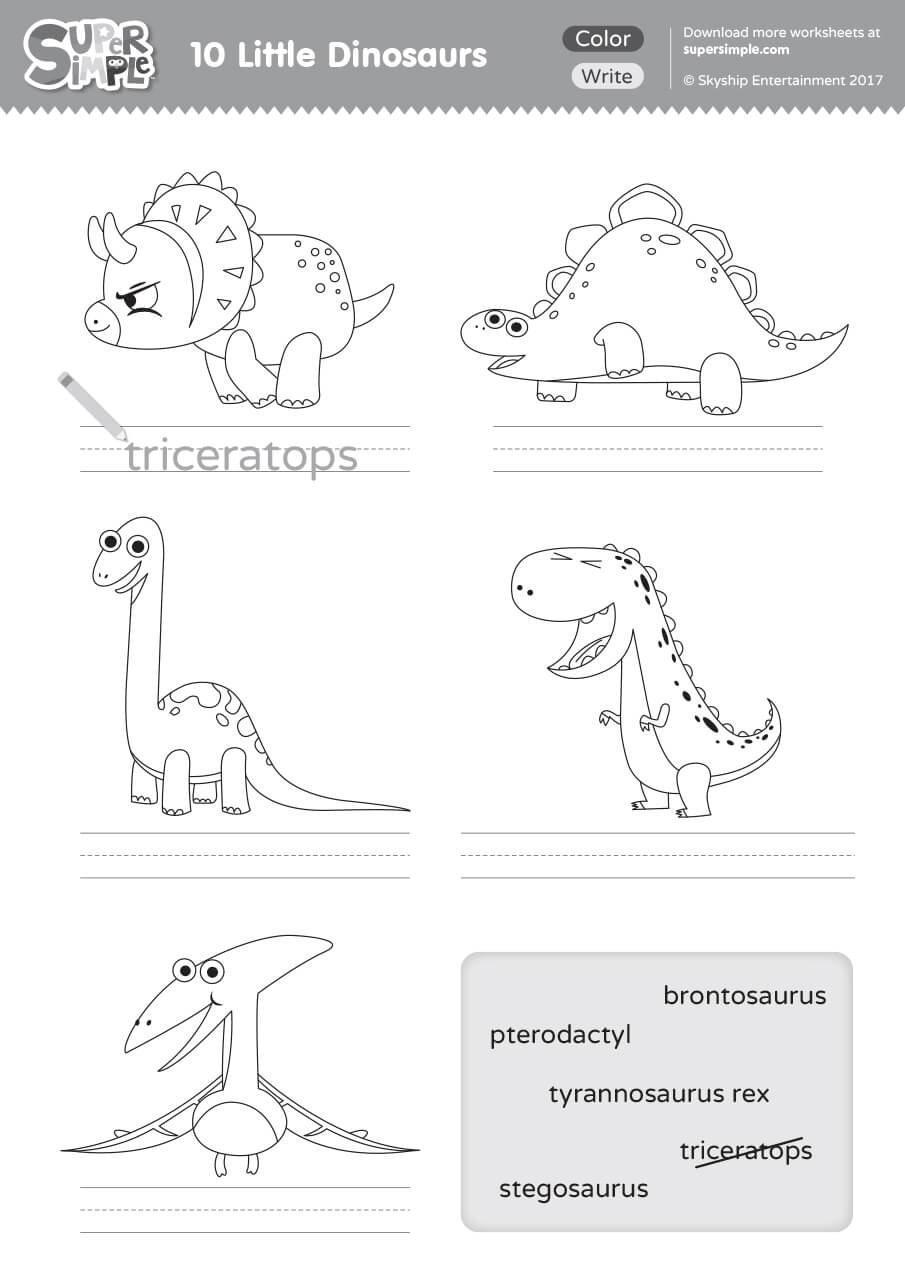 10 Little Dinosaurs Worksheet Write Color Super Simple 10 Little Dinosaurs Worksheet Write Color Super Simple