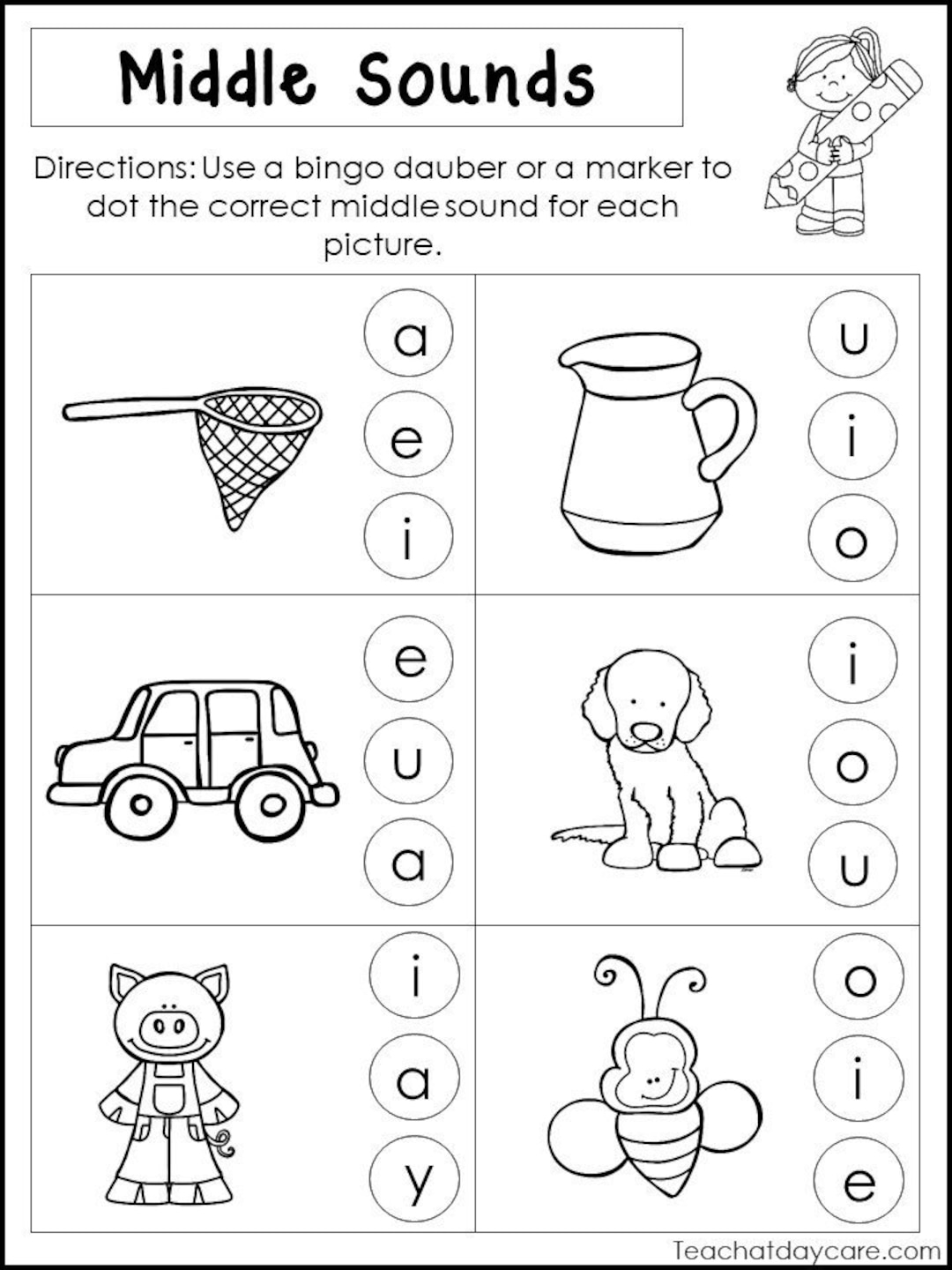 10 Printable Middle Sounds Worksheets Preschool 1st Grade Phonics And Literacy Etsy