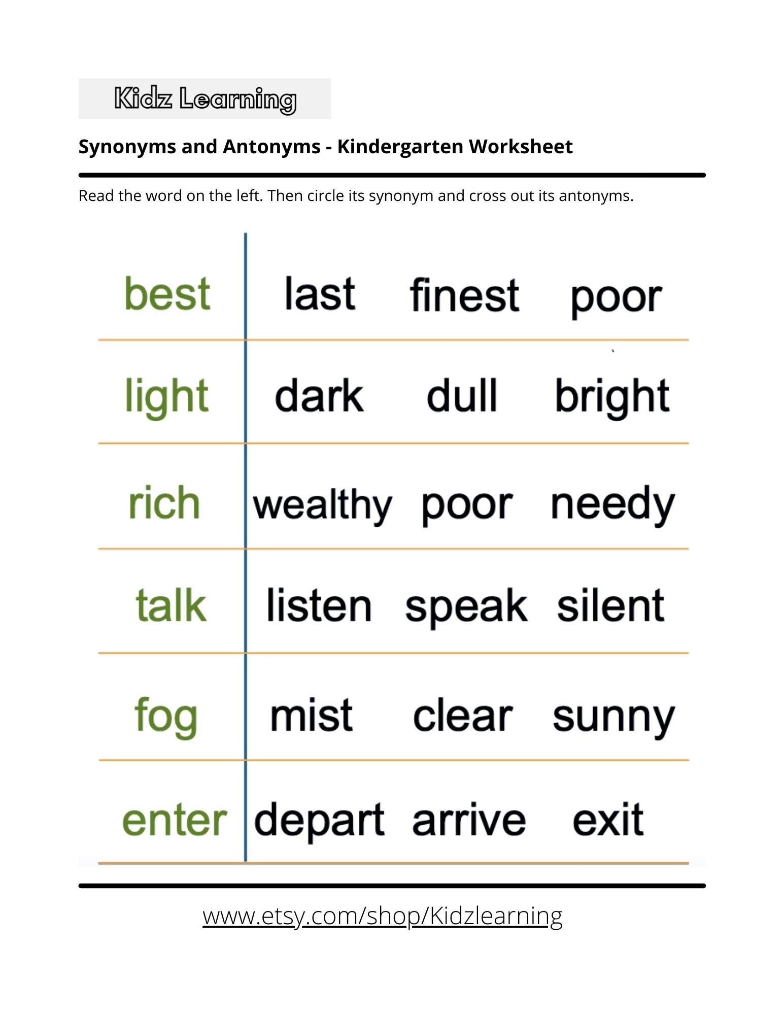 48 Pages Of Synonyms And Antonyms Worksheets Kindergarten 1st Grade Etsy