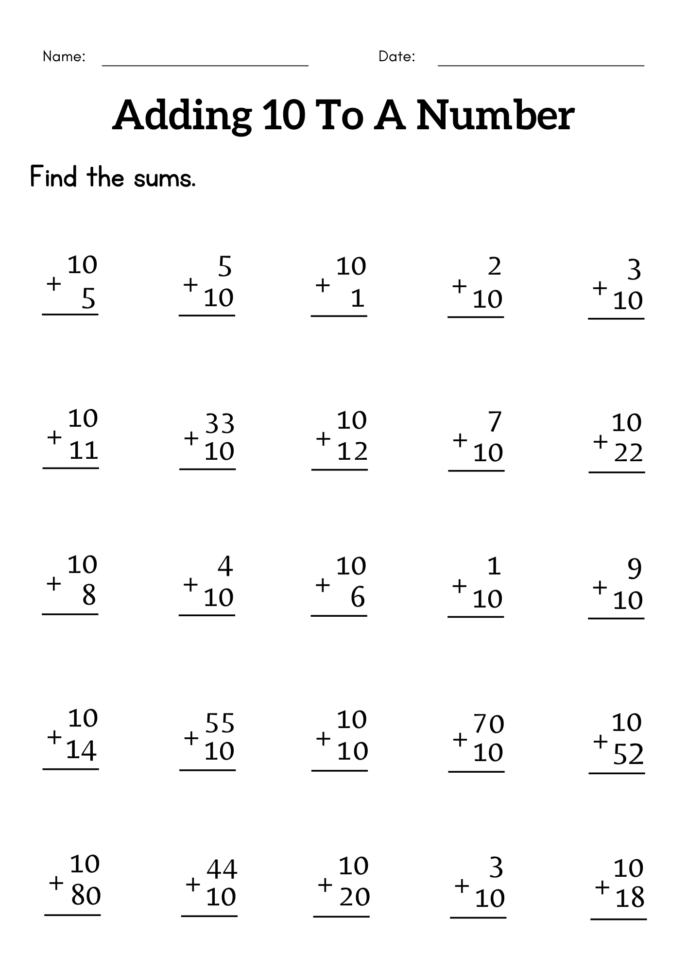 Adding 10 To A Number Worksheet 1st Grade 10 Plus A Number Worksheets For Kids Made By Teachers