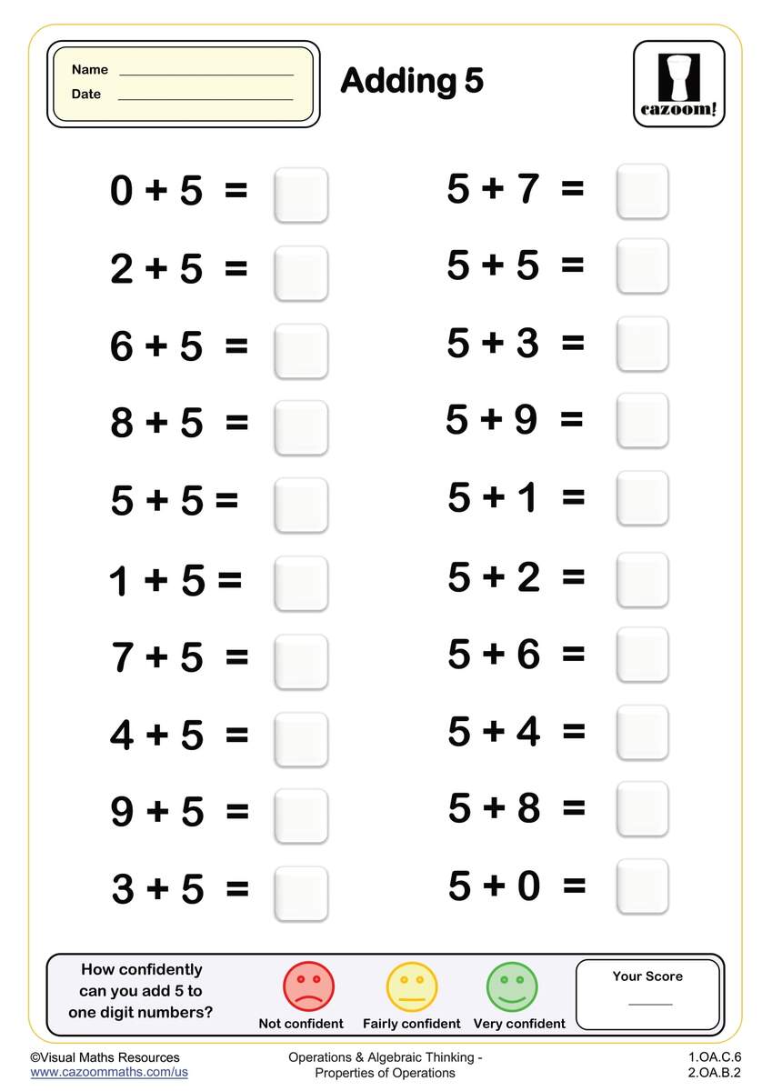 Adding 5 20 Questions PDF Printable Addition Worksheets Cazoom Math