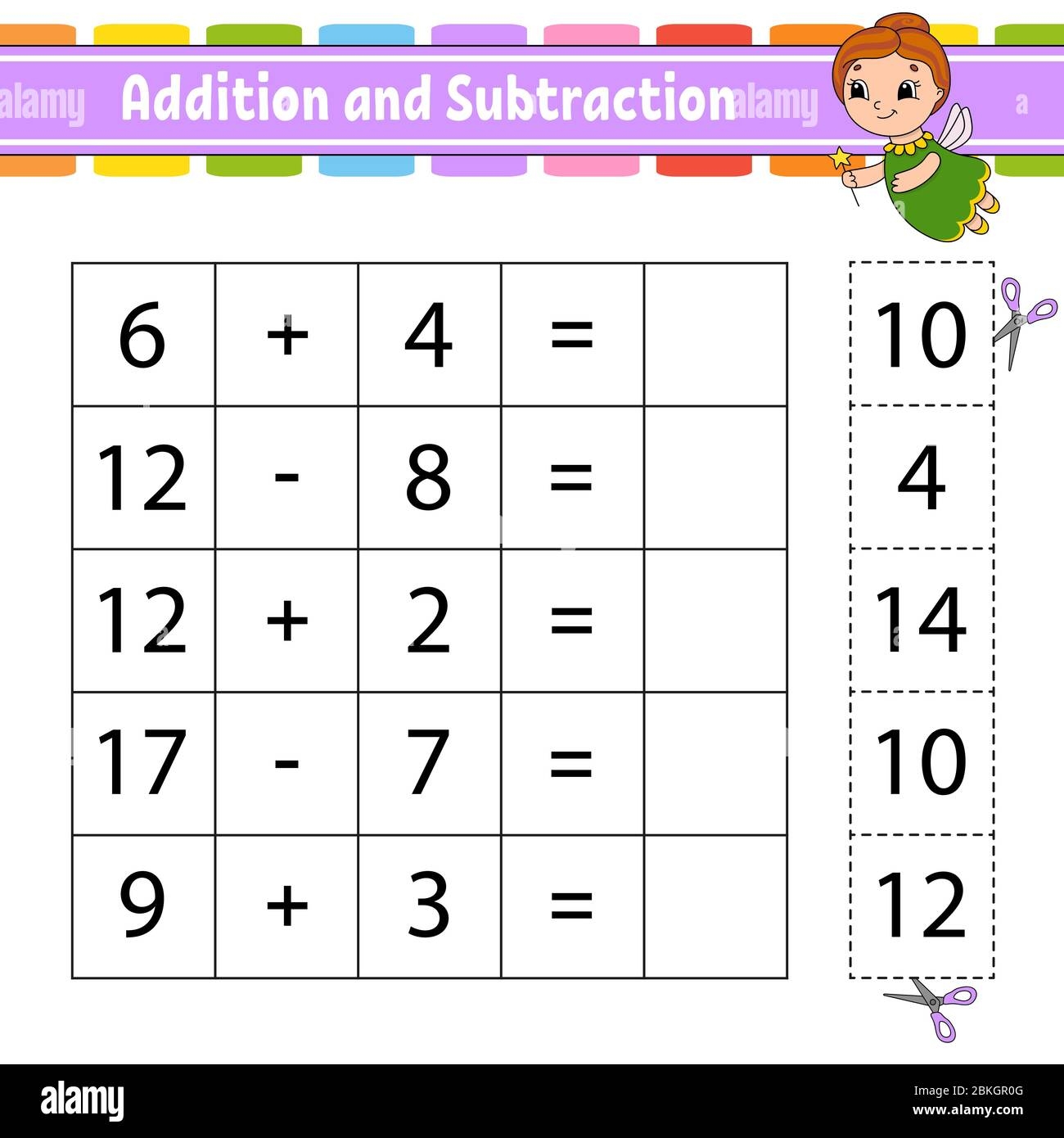 Addition And Subtraction Task For Kids Cut And Paste Education Developing Worksheet Activity Page Game For Children Funny Character Isolated Ve Stock Vector Image Art Alamy