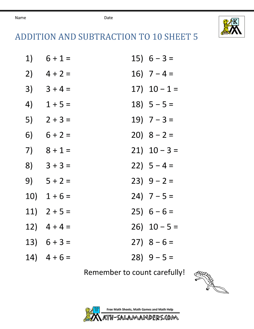 Kindergarten Addition Worksheet Free