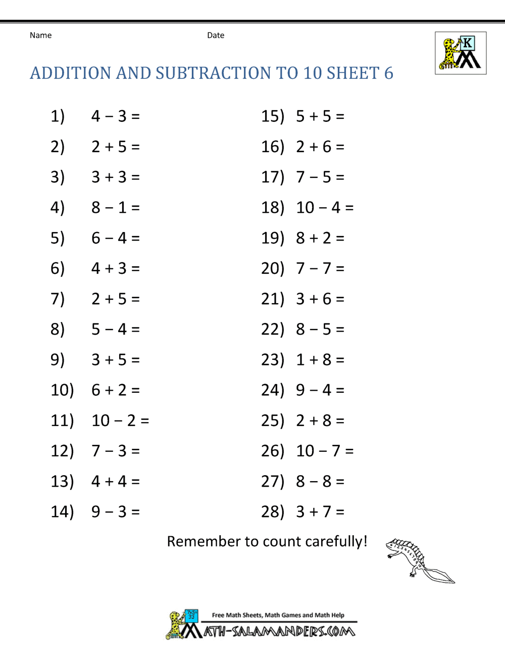 Printable Addition And Subtraction Worksheets For Kindergarteners PDF Included Number Dyslexia