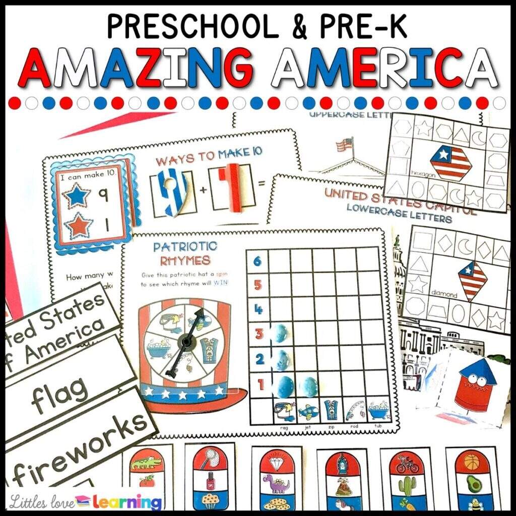 Amazing America Patriotic Preschool Printables Math Literacy