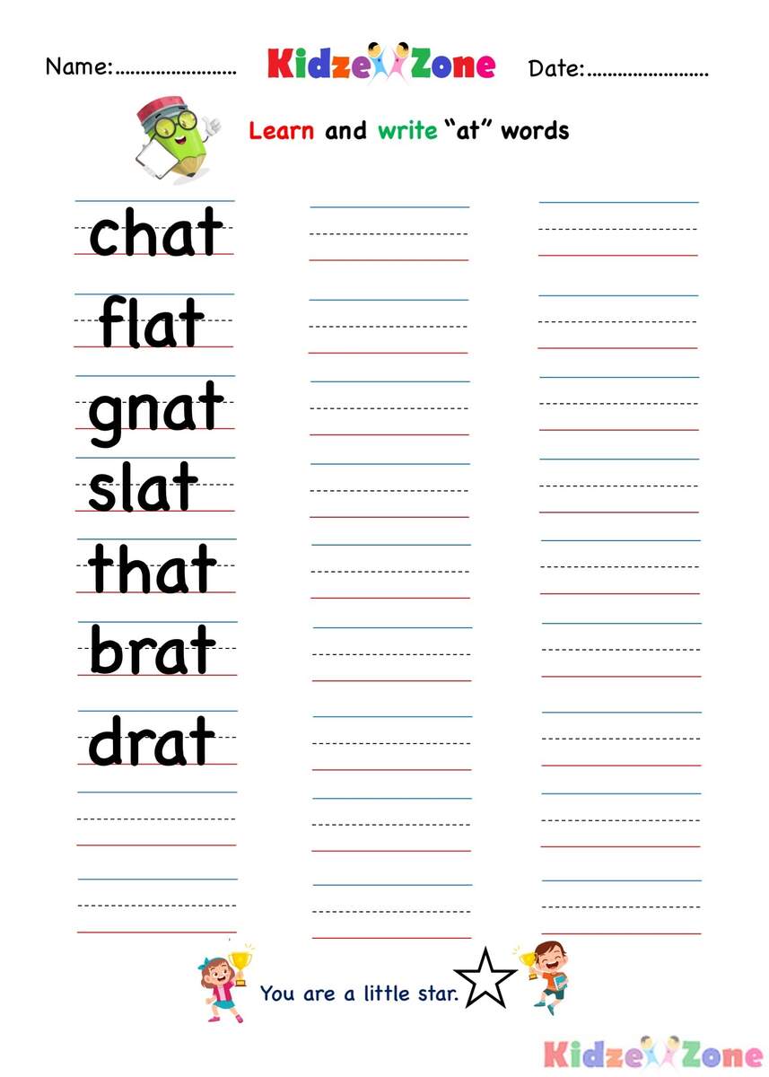 At Word Family Writing Worksheet KidzeZone CVC Words Say And Write The CVC Words Phonics Worksheets Kindergarten Preschool Homeschool Made By Teachers