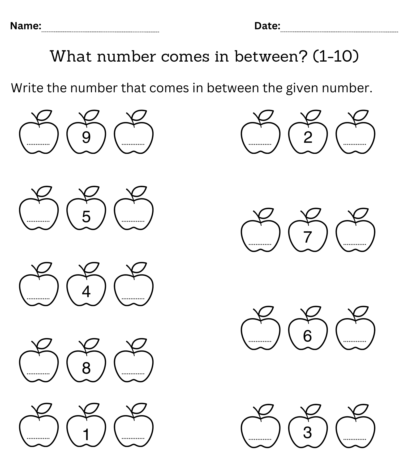 Before After And Between Numbers Worksheets 1 To 10 For Kindergarten Made By Teachers