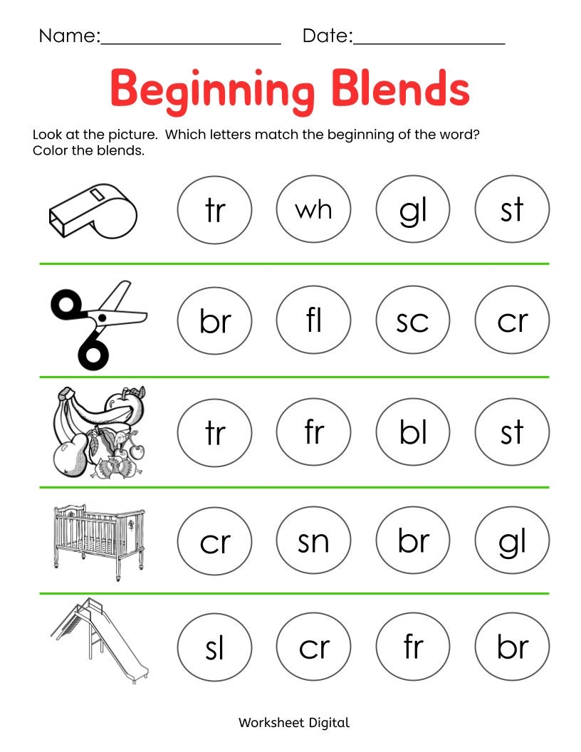 Beginning Blends Worksheets Kindergarten Preschool Printable PDF Etsy