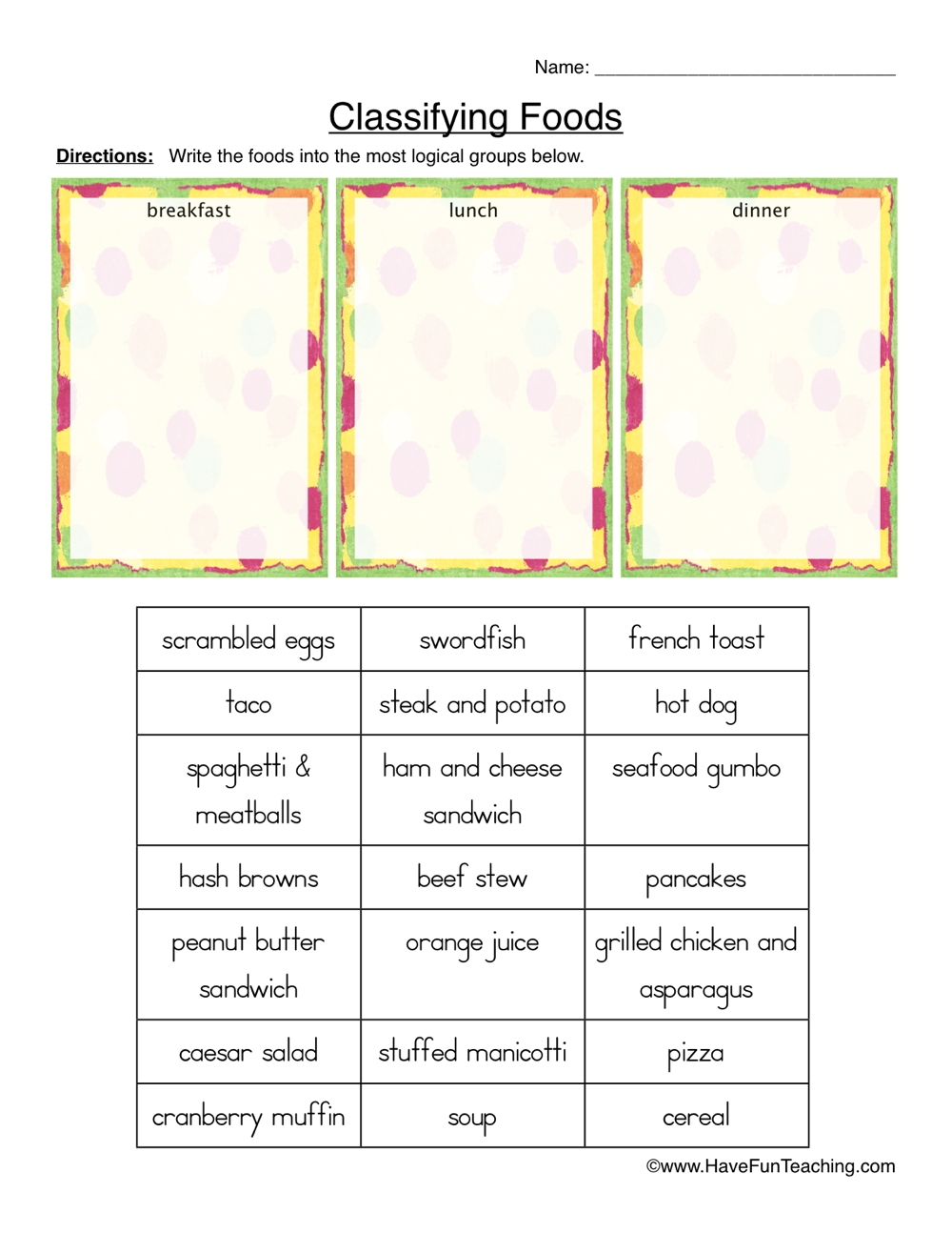 Breakfast Lunch Or Dinner Classifying Food Worksheet Have Fun Teaching