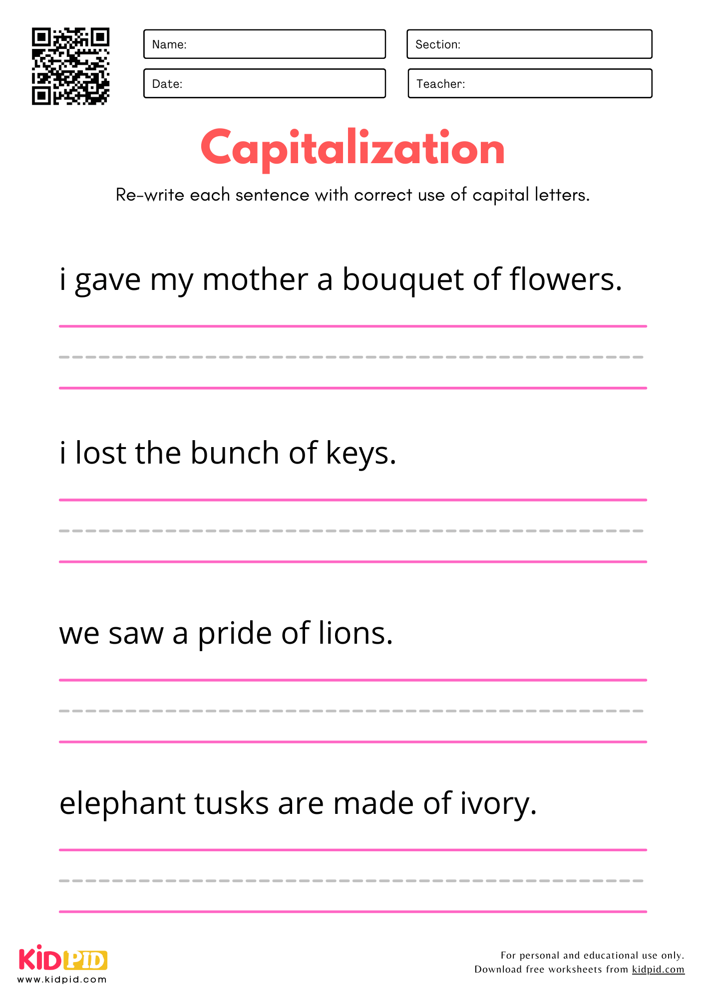 Capitalizations And Sentence Practice Worksheet For Kindergarten Kidpid Capitalizations And Sentence Practice Worksheet For Kindergarten Kidpid