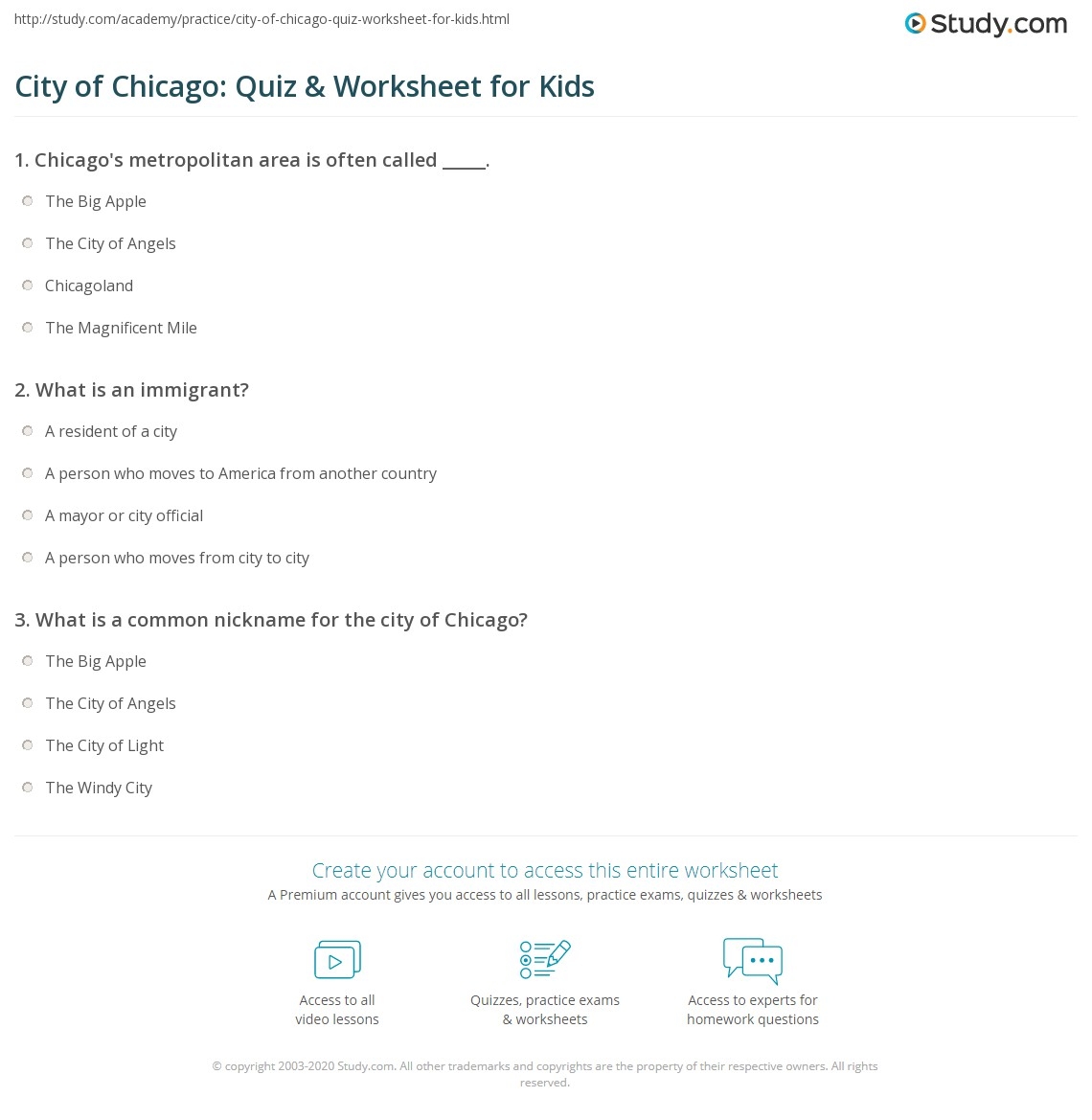 City Of Chicago Quiz Worksheet For Kids Study Fun Facts About Illinois For Kids Kids Activities Blog