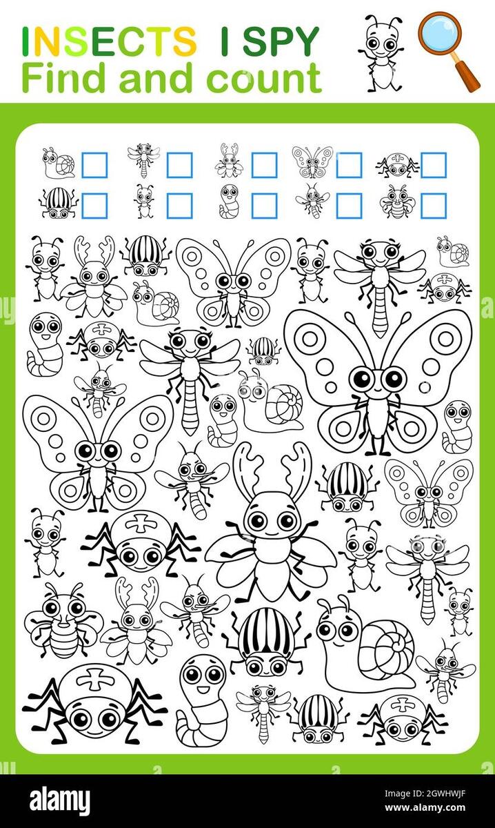Coloring Book Page I Spy Count And Color Insects Printable Worksheet For Kindergarten And Preschool Stock Vector Image Art Alamy