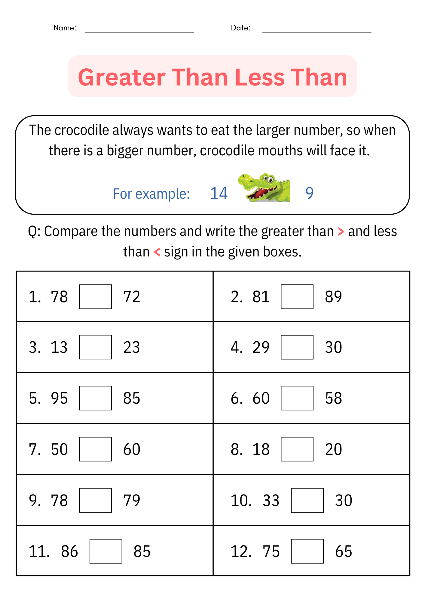 30 Printable Greater Than Less Than Equal To Worksheets Preschool 3rd Grade Math Etsy