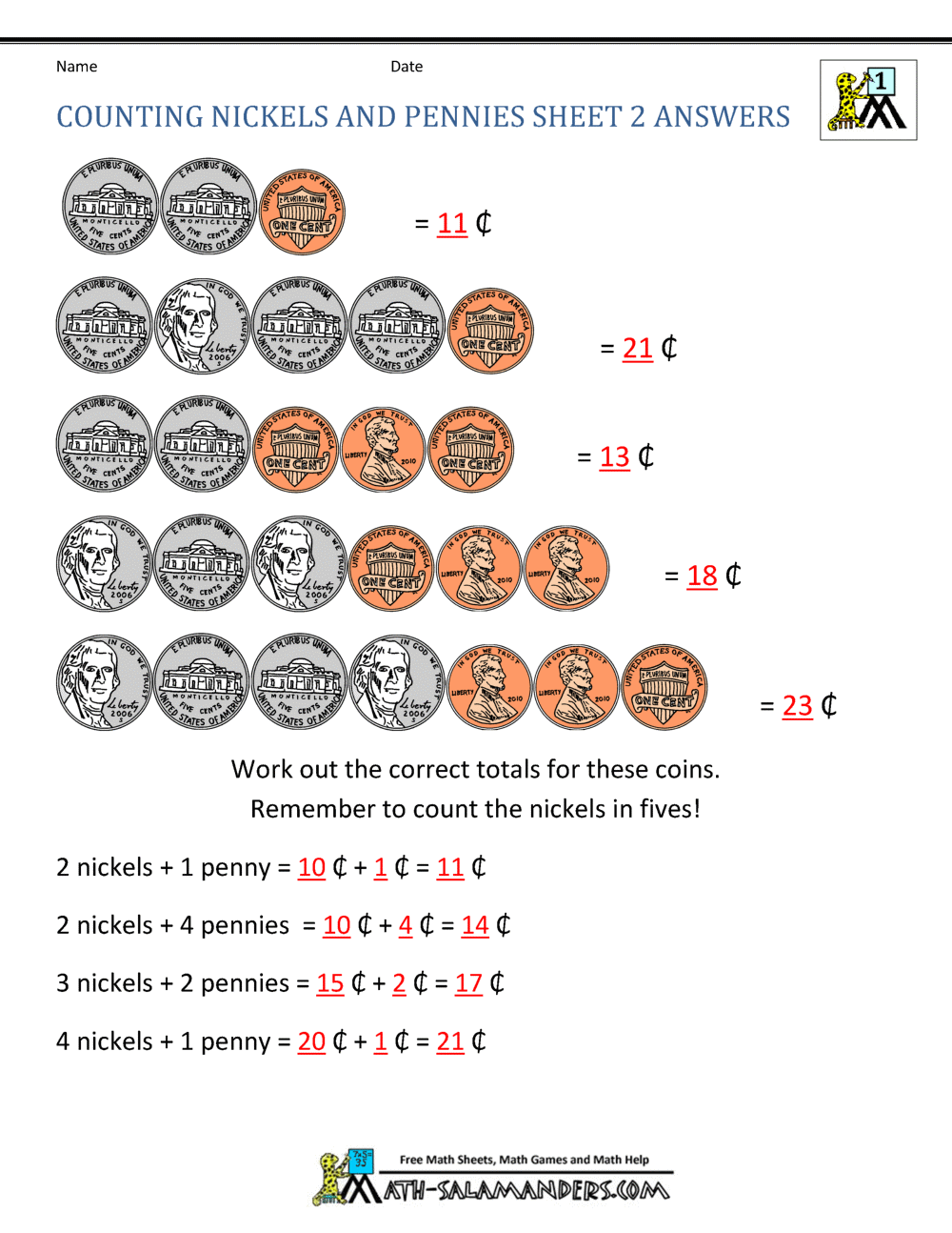 Counting Nickels And Pennies Sheet 2 Answers