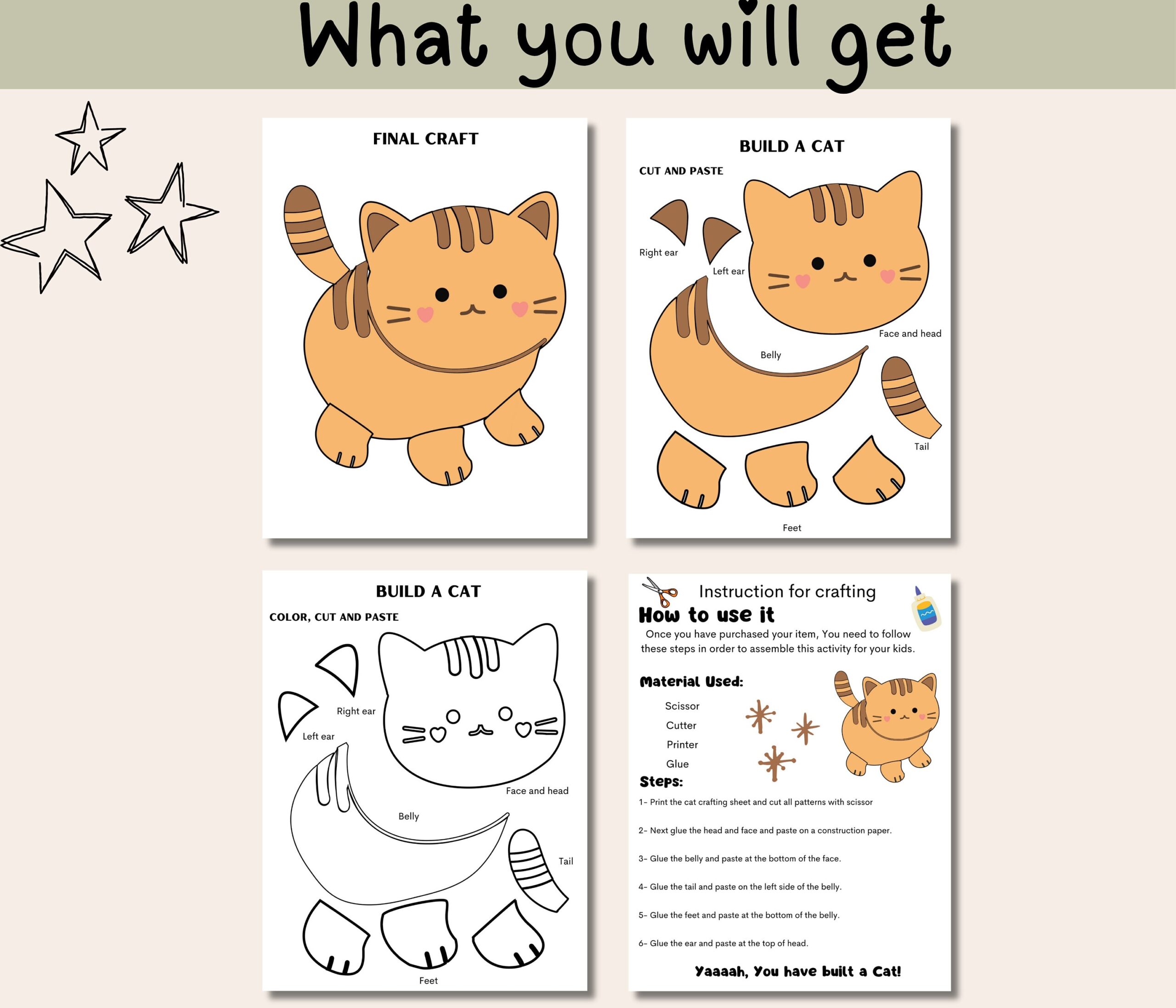 Cut And Paste Cat Activity For Kids Preschool Cutting Practice Scissor Skills Activity Cut And Paste Worksheet Prek Cut And Paste Craft Etsy Israel