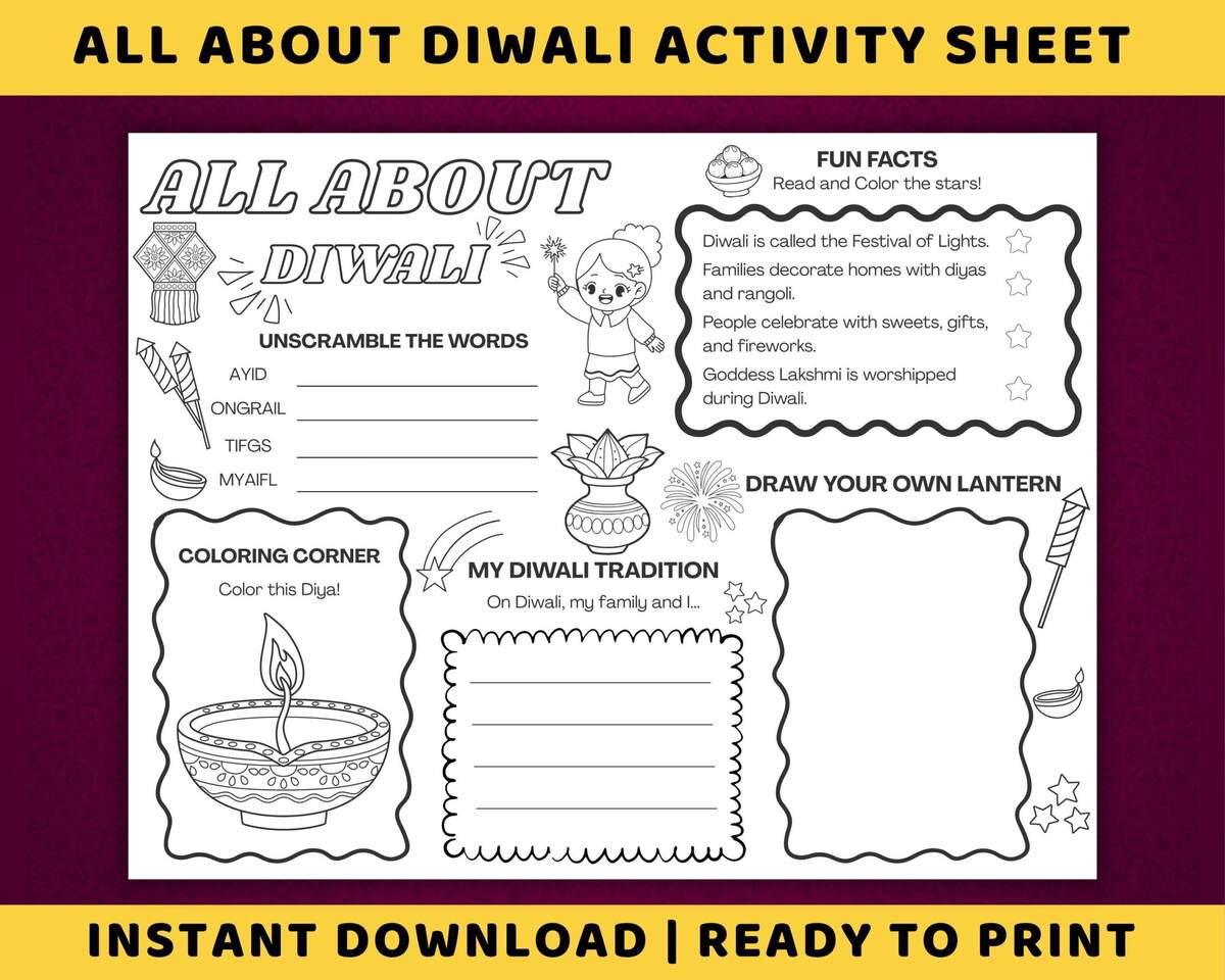Diwali Coloring Activity Sheet Printable Diwali Activity For Kids Diwali Coloring Sheet Diwali Word Search All About Diwali Activity Etsy Israel