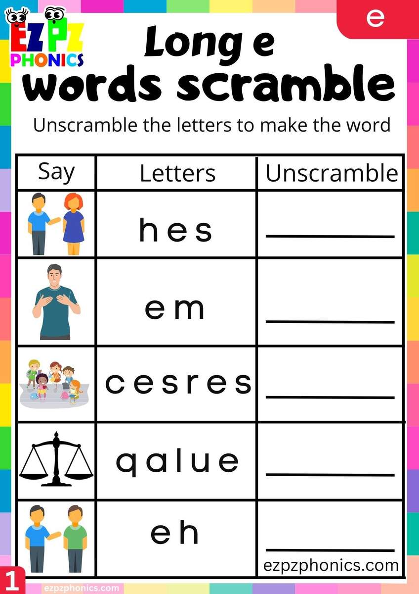 E Words Words Scramble Long E Phonics Worksheet Ezpzphonics
