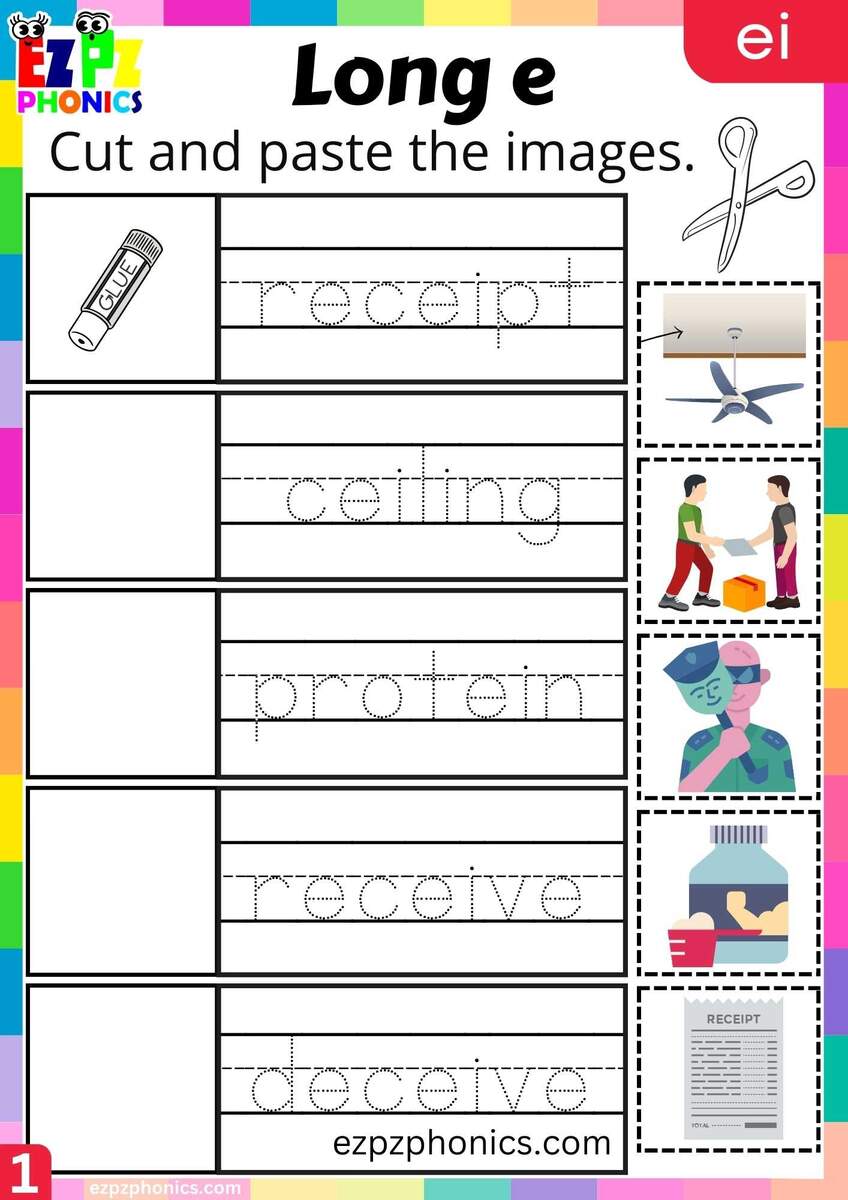 EI Words Cut And Paste The Images Long E Phonics Worksheet Ezpzphonics EI Words Cut And Paste The Images Long E Phonics Worksheet Ezpzphonics