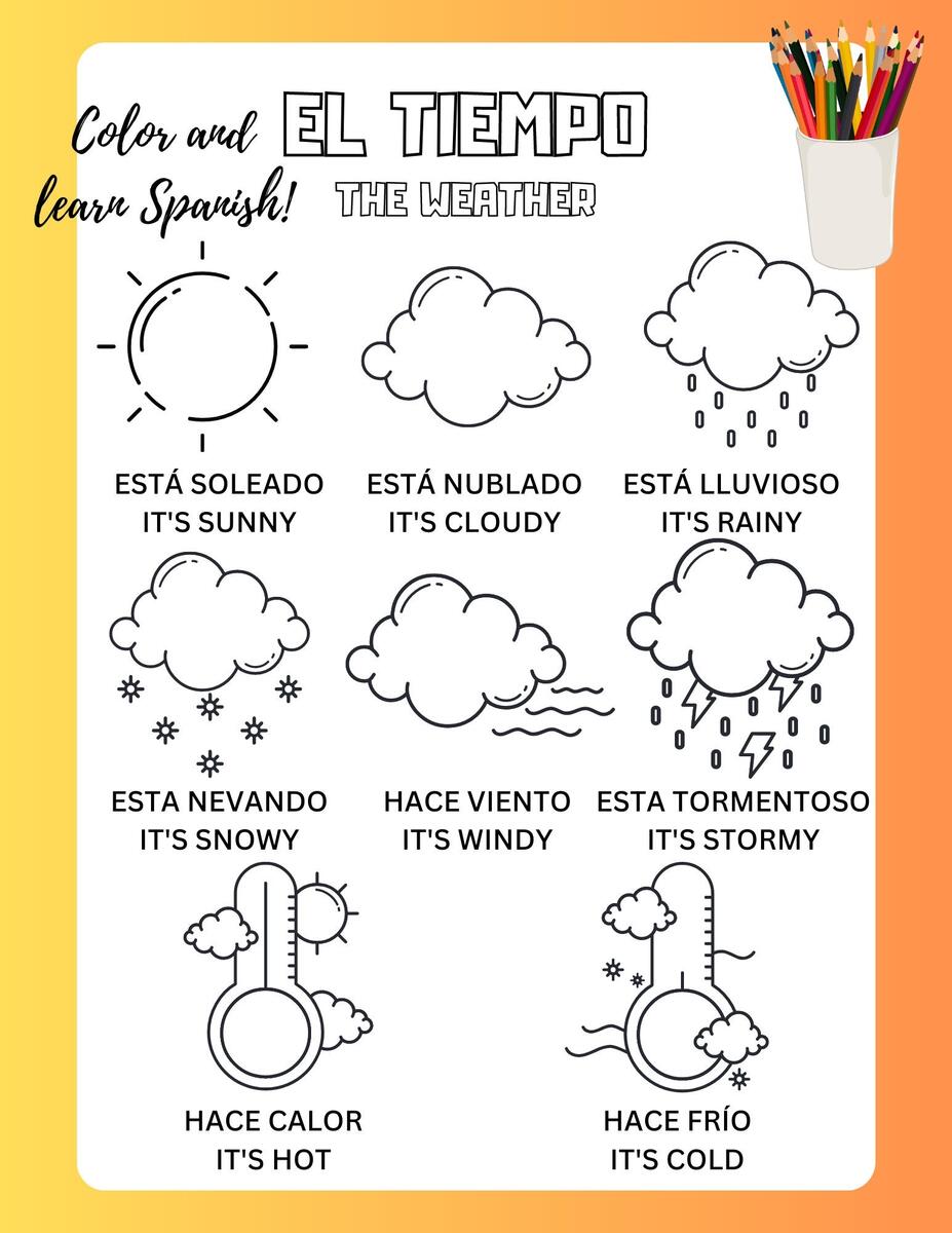 El Tiempo Coloring Sheet Learn Spanish Coloring Pages Fro Kids Homeschool Worksheet Spanish Vocabulary Prechool Coloring Activities Weather Etsy