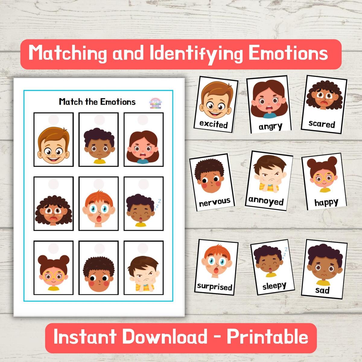 Emotions Matching Game Matching And Identifying Emotions Support Self Regulation Educational Worksheet For Preschool Kindergarten Homeschool Etsy