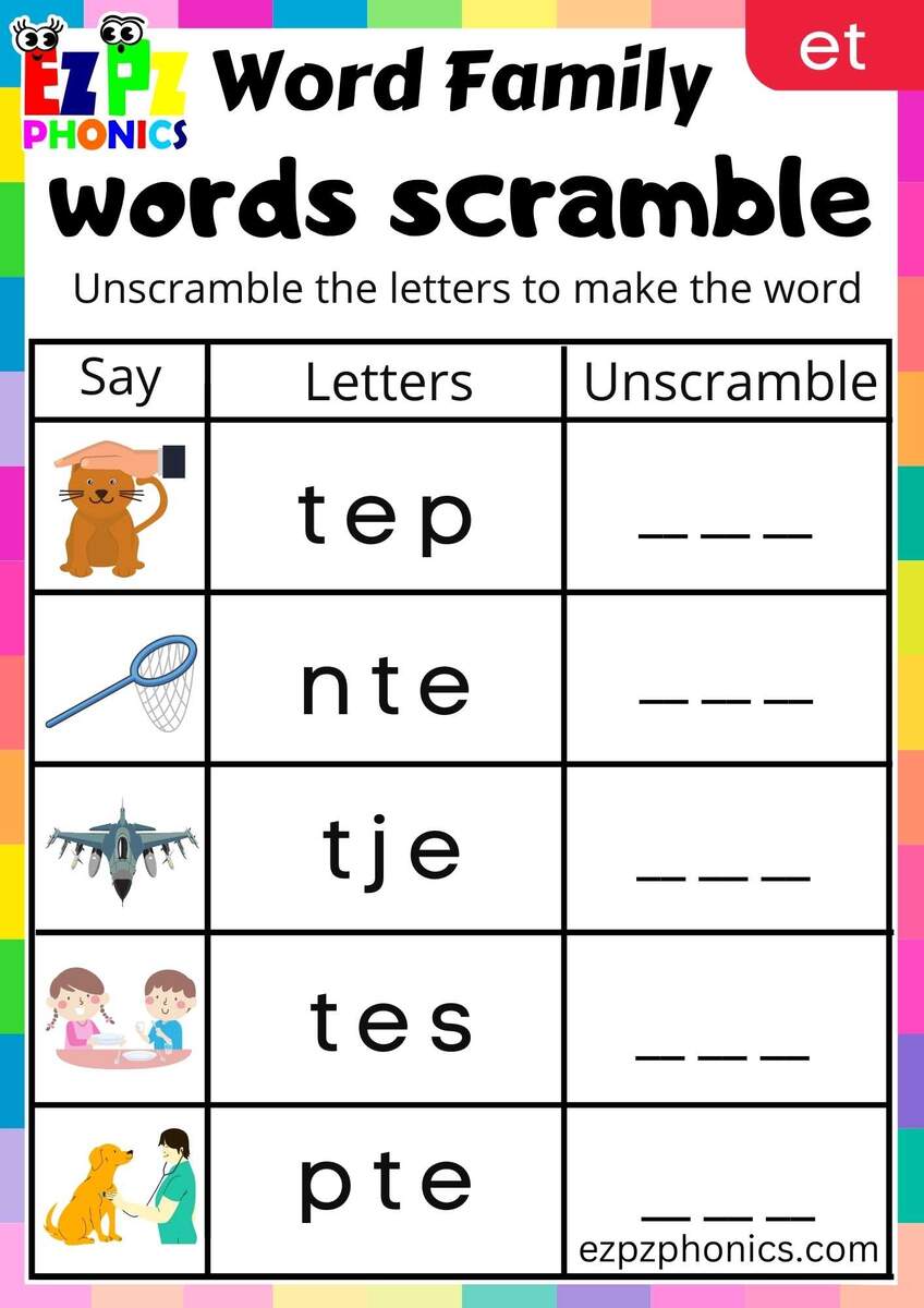 ET Words Words Scramble Phonics Word Families Worksheet Ezpzphonics