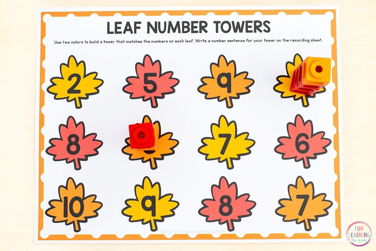 Fall Leaf Number Towers Free Printable Math Activity Fall Leaf Number Towers Free Printable Math Activity