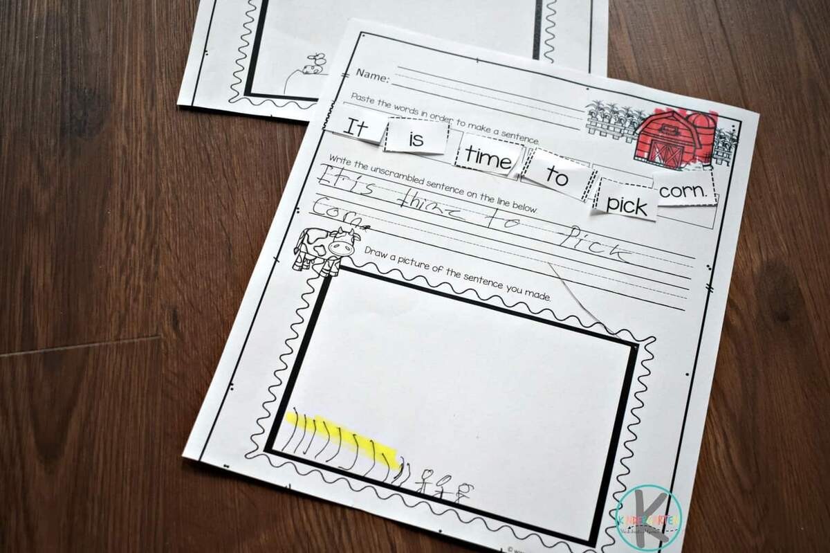 Farm Cut And Paste Simple Sentences For Kindergarten Worksheet