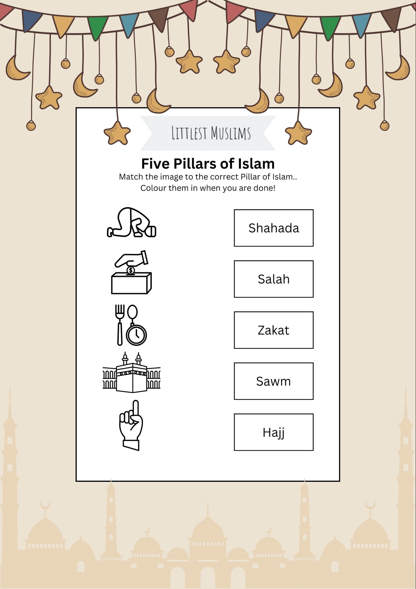 Five Pillars Of Islam Littlest Muslims Printable Matching Activity Sheet Etsy