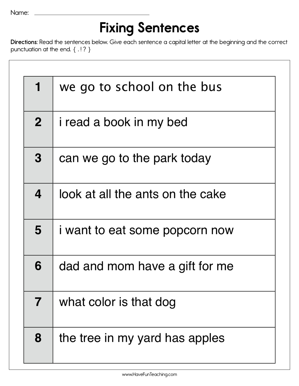 Fixing Sentences Worksheet Have Fun Teaching 1st Grade Fix It Sentences By Teach Simple