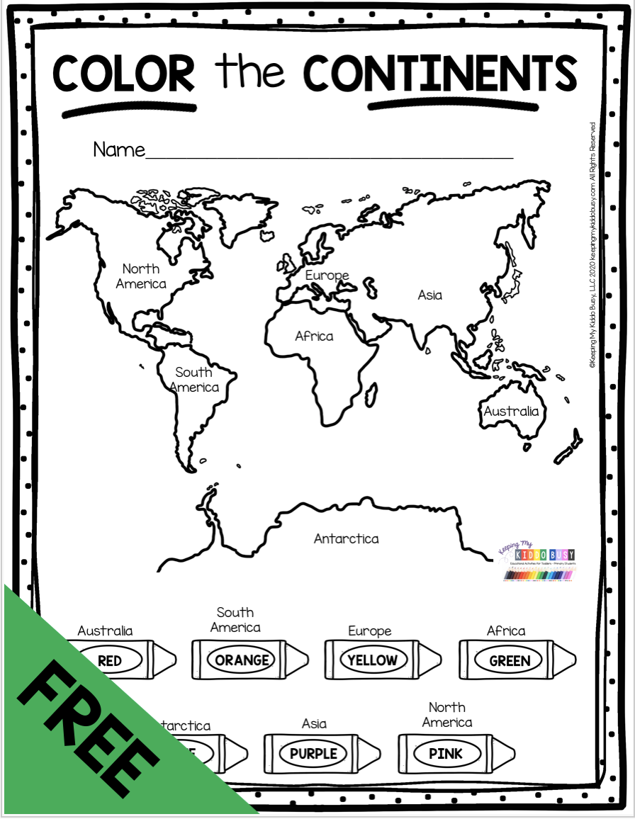 FREE Color The 7 Continents All About Earth And Maps For Kindergarten And First Grade Activities Continents Worksheet Countries Have Fun Teaching
