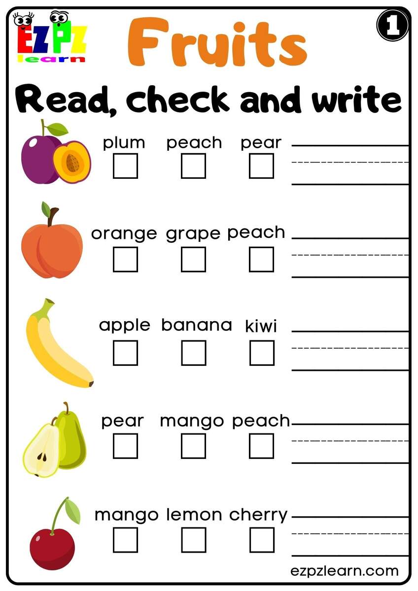 Fruits Read Check And Write Worksheet For ESL And K5 Kindergarten Free PDF Download Set 1 Ezpzlearn Fruits Read Check And Write Worksheet For ESL And K5 Kindergarten Free PDF Download Set 1 Ezpzlearn