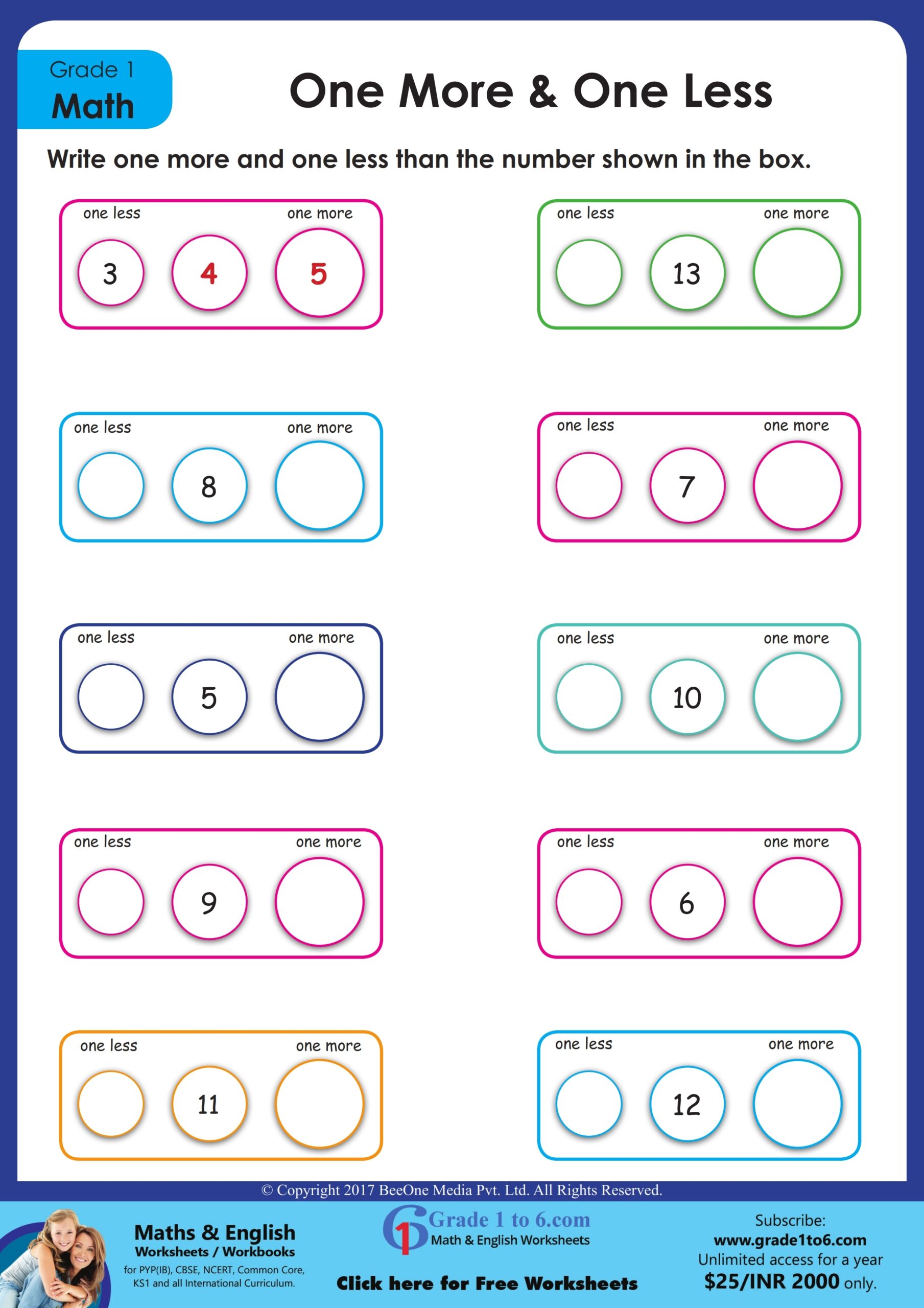 Grade 1 Worksheets One More Or One Less One More One Less Worksheets For Grade 1 2 3 Made By Teachers