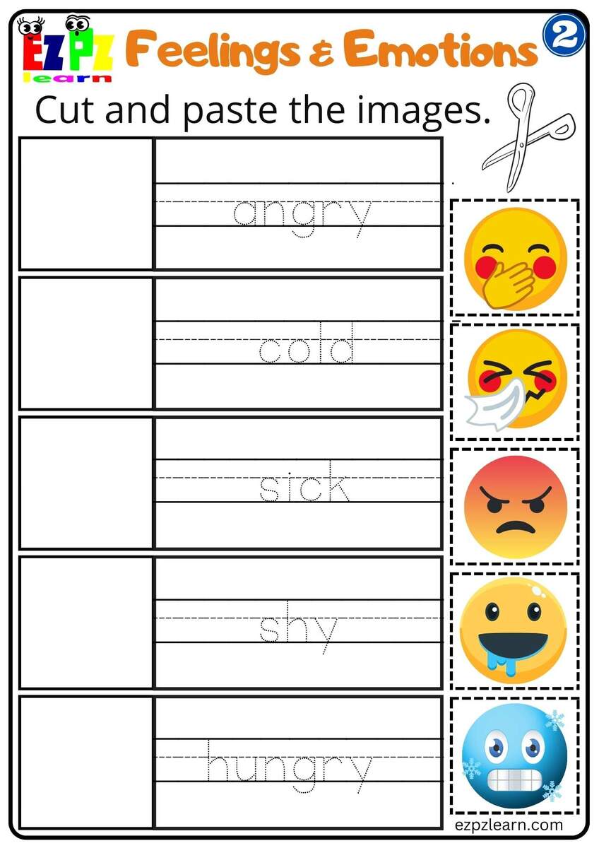 Group 2 Feelings And Emotions Cut And Paste Worksheet For Children And ESL Students Free PDF Download Ezpzlearn Emotions Worksheets For Preschool And Kindergarten 2 To 6 Years Kids