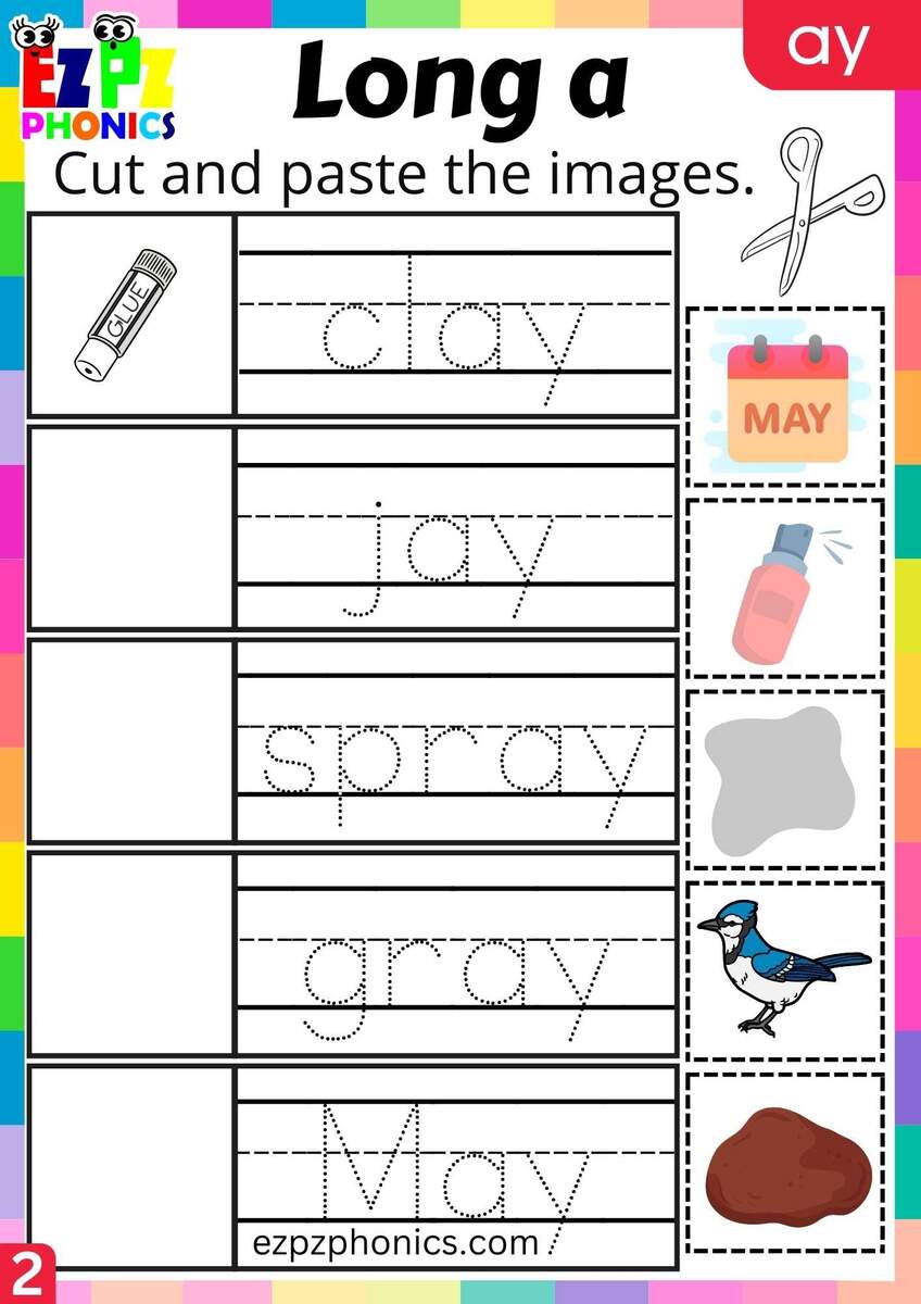 Group2 AY Words Cut And Paste The Images Long A Phonics Worksheet Ezpzphonics Group2 AY Words Cut And Paste The Images Long A Phonics Worksheet Ezpzphonics