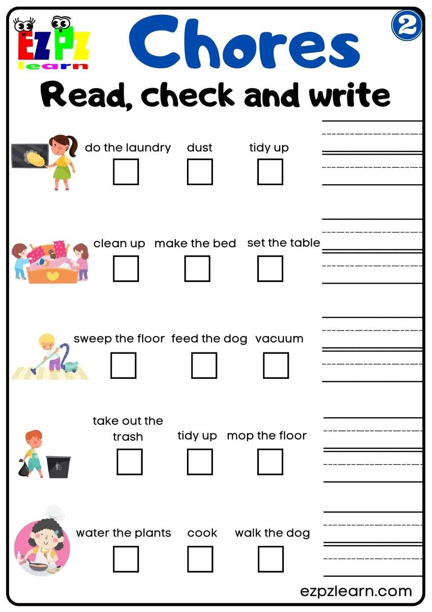 Household Chores Vocabulary Read Check And Write Worksheet For Children And ESL Students Download Free Group 2 Ezpzlearn
