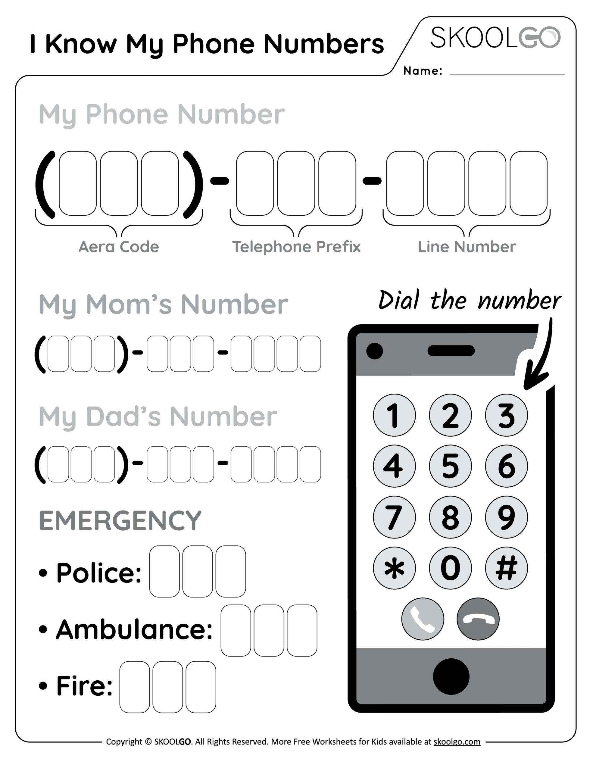 I Know My Phone Numbers Free Worksheet SKOOLGO