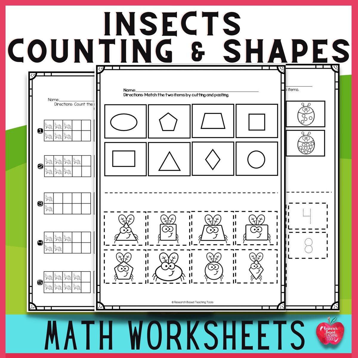 Insect Counting And Shapes Worksheets For Preschool Kindergarten Fun Math Practice Etsy
