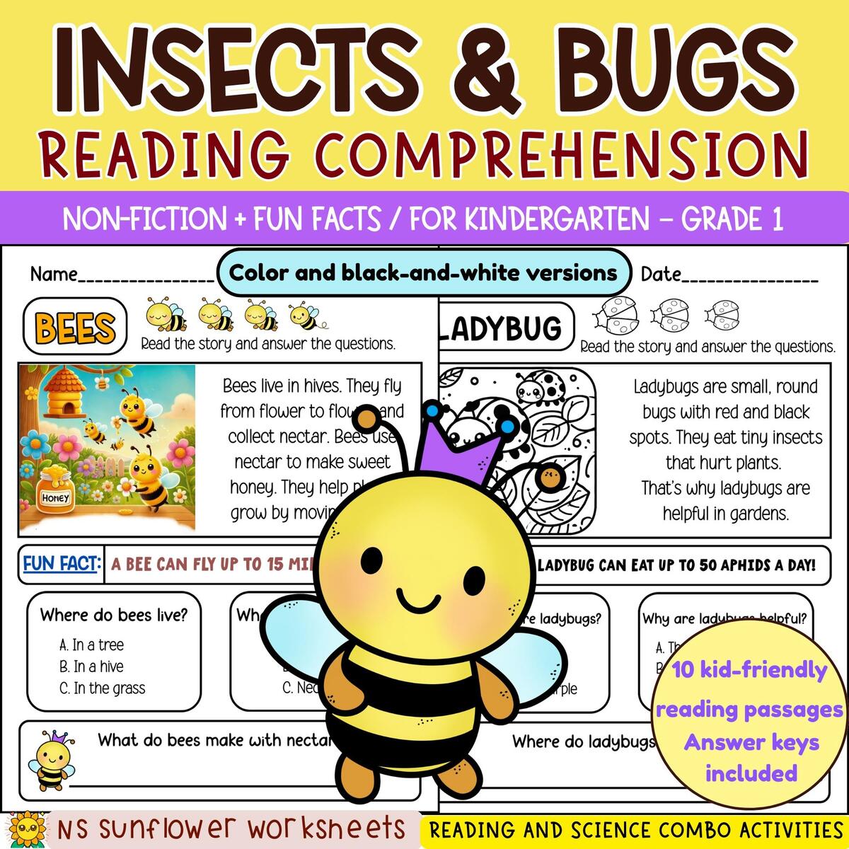Insects Bugs Reading Comprehension Passages With Fun Facts Kindergarten And 1st Grade Etsy