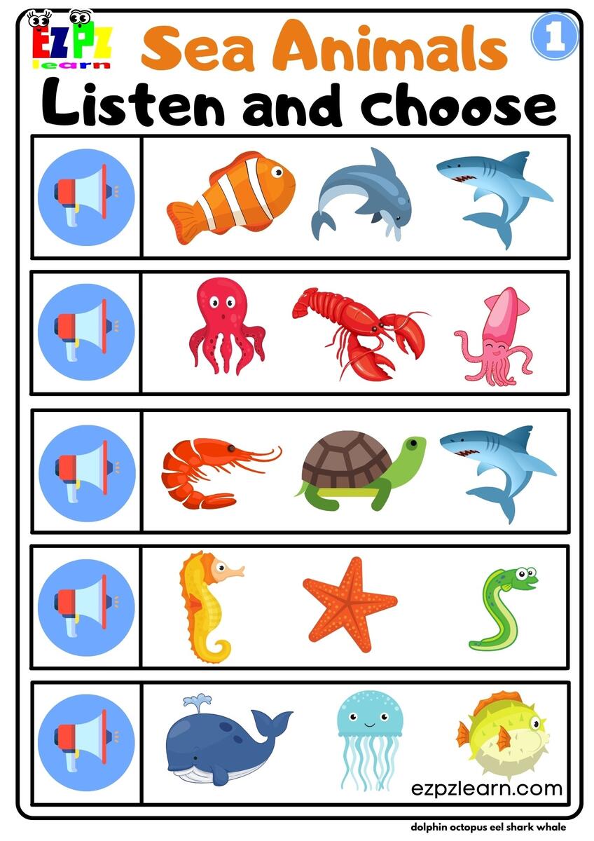 Interactive Worksheet For Sea Animals Listen And Choose The Correct Images Activity For Kids Group 1 Ezpzlearn
