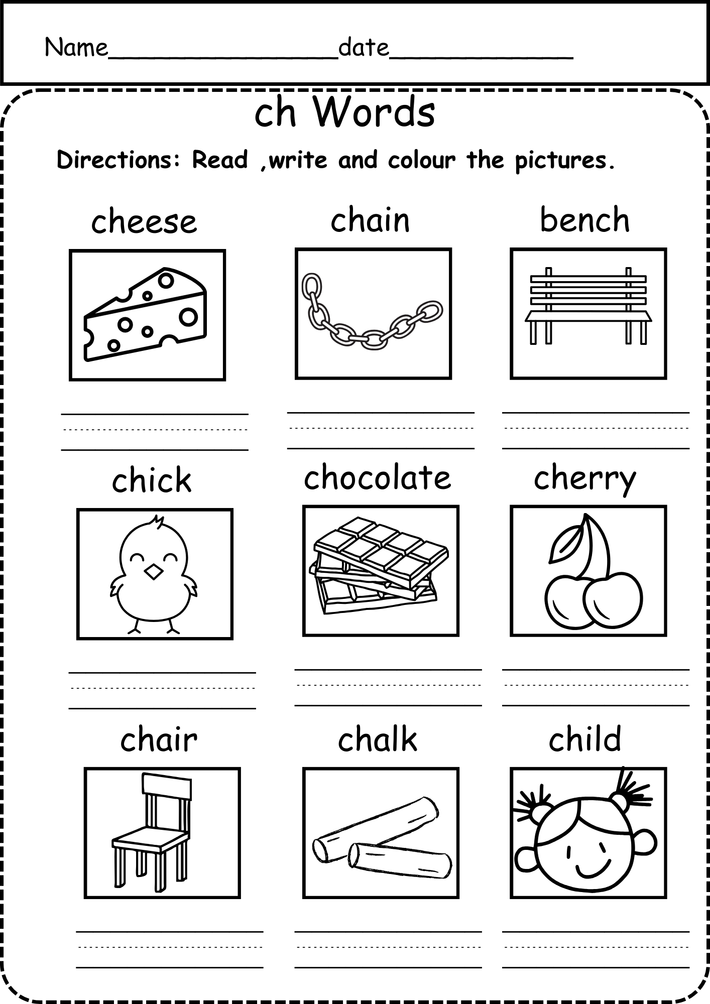 Kindergarten ch Words phonics No Prep Worksheets Summer Pack Diagraphs 15 Pages