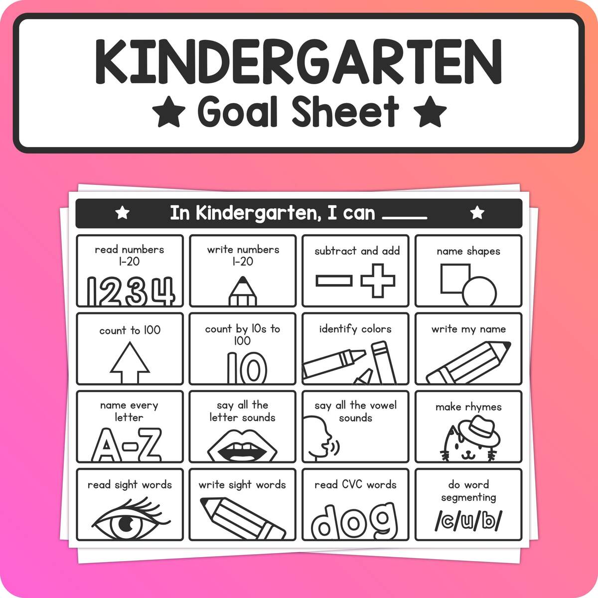 Kindergarten Goals Sheet Common Core Kindergarten Goal Setting Activity printable PDF Etsy