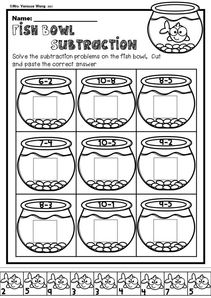 Kindergarten Math Worksheets Cut And Paste Subtraction Distance Learning Etsy