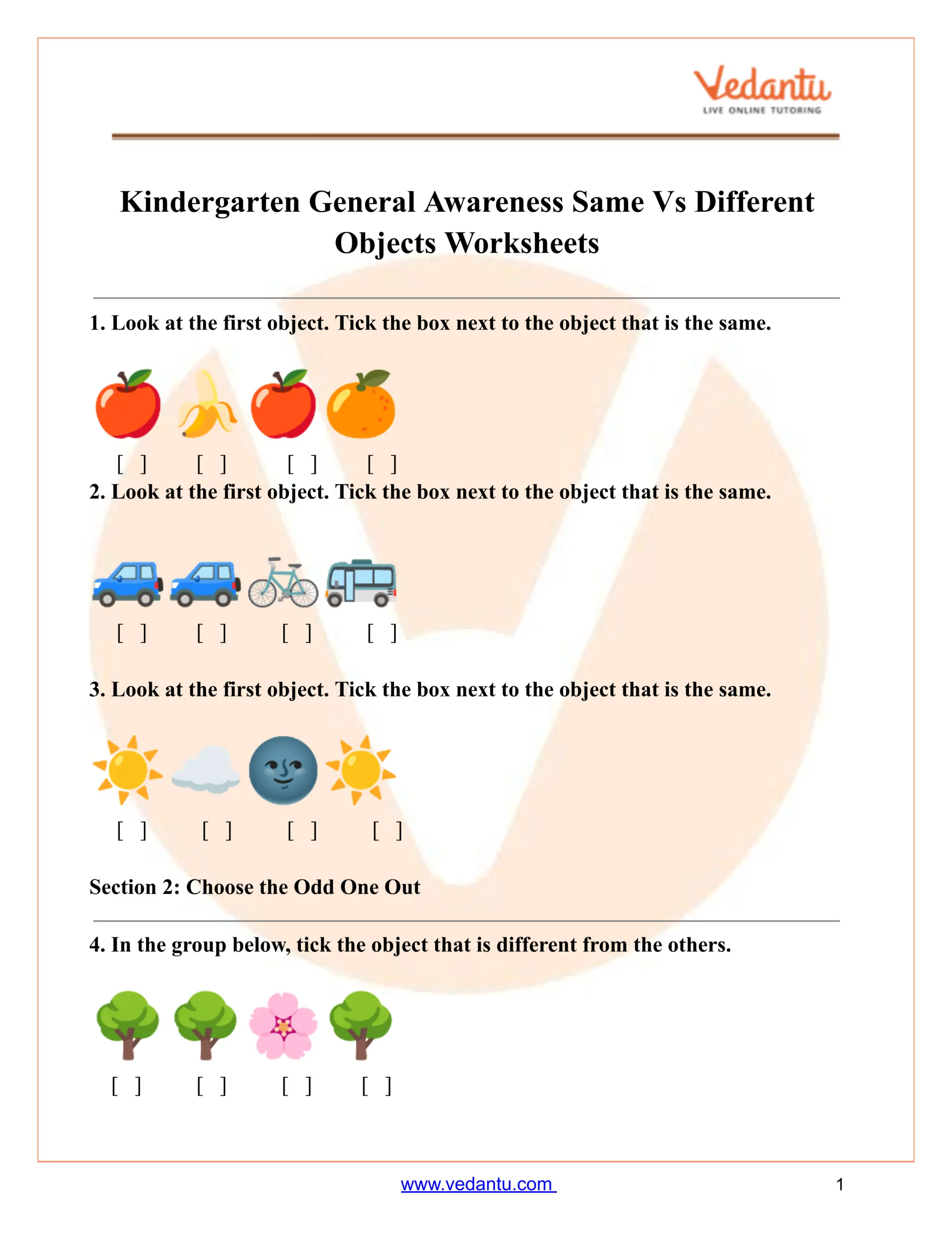 Kindergarten Same Vs Different Objects Worksheet Free Printable PDF