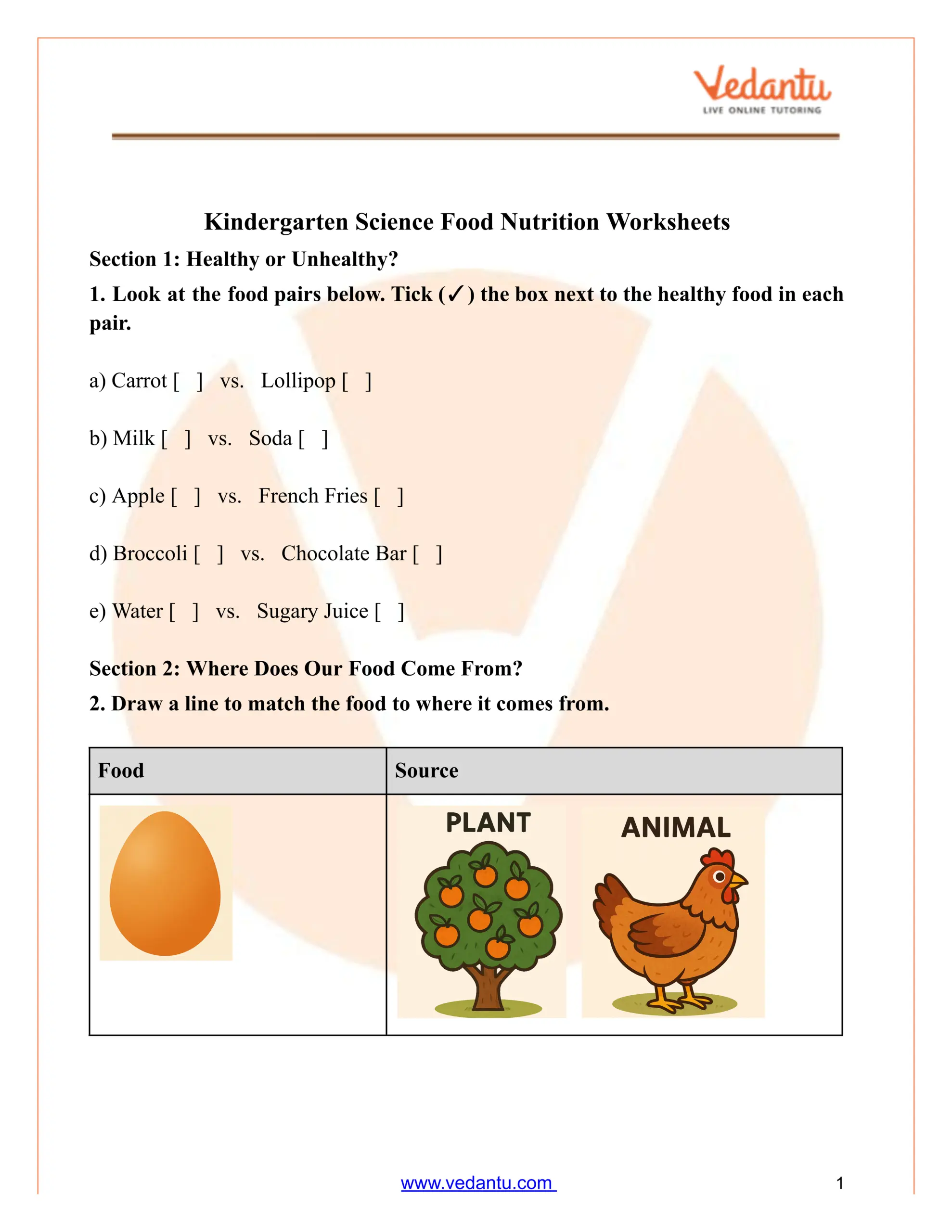 Kindergarten Science Food Nutrition Worksheet PDF