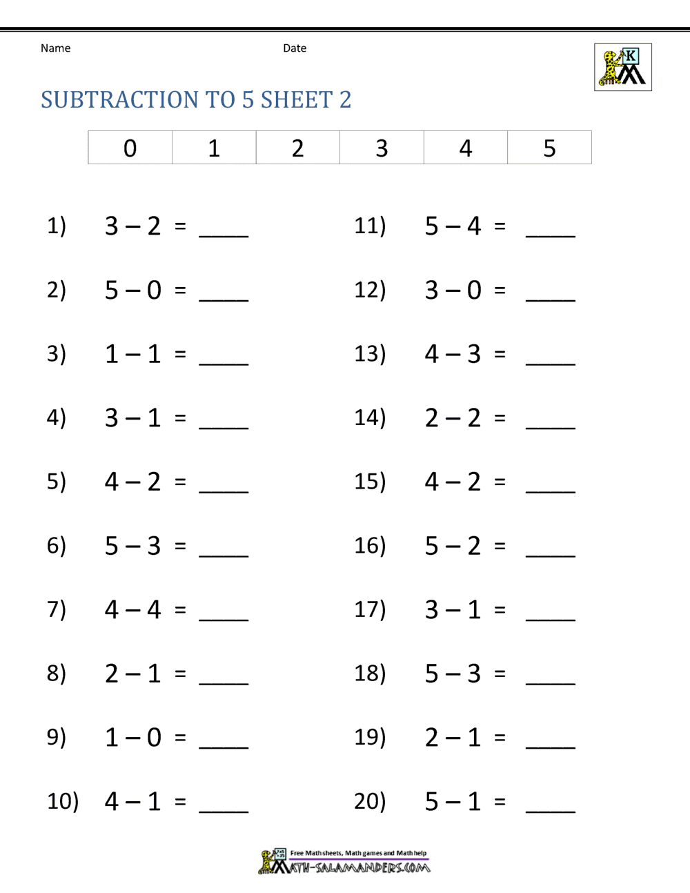 Kindergarten Subtraction Worksheets