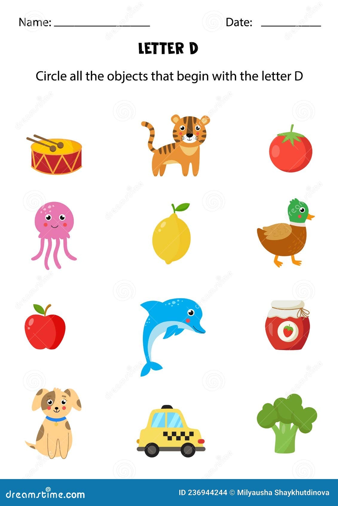 Letter Recognition For Kids Circle All Objects That Start With D Stock Vector Illustration Of Education Tomato 236944244
