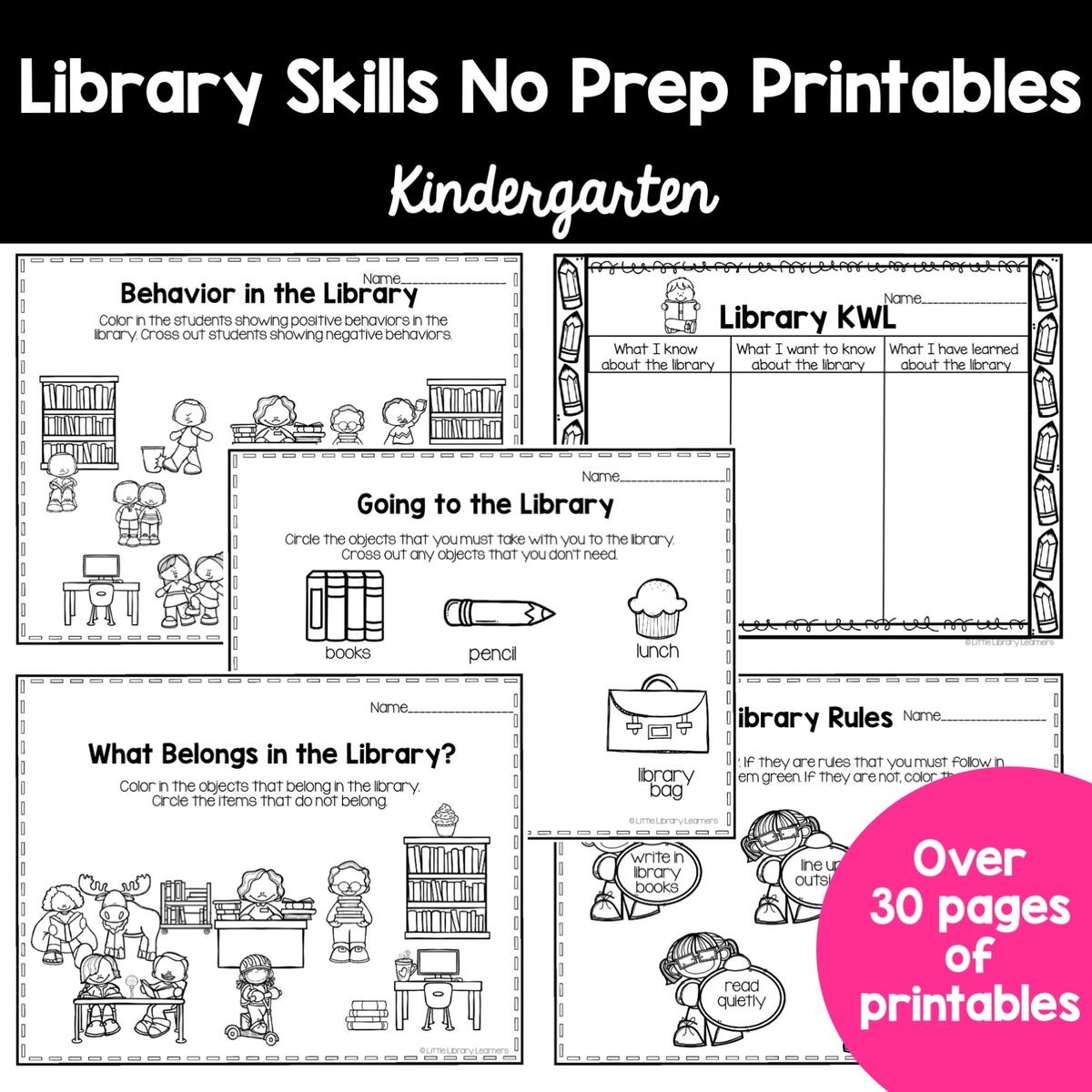 Library Skills No Prep Printables Kindergarten Worksheets Library