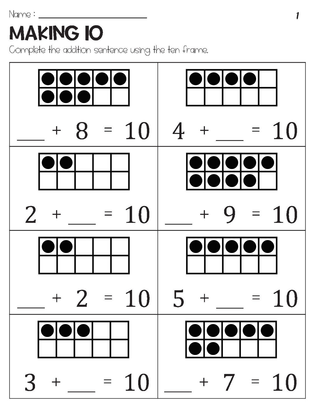 Making 10 Addition With Ten Frame Worksheets Etsy