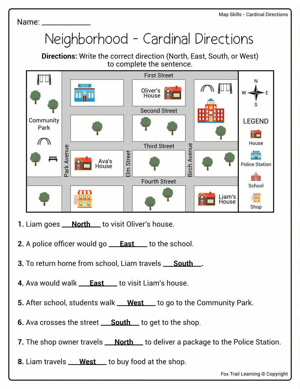 Map Skills Neighborhood Cardinal Directions Fill In The Blank Geography Lesson No Prep Worksheets Etsy