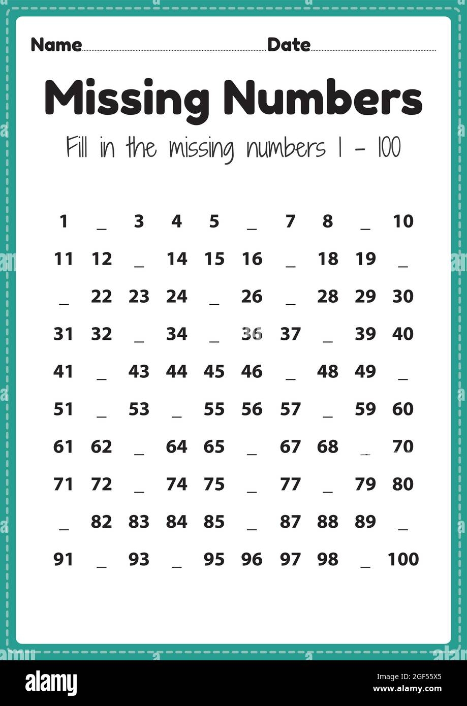 Maths Worksheets Missing Numbers 1 To 100 Printable Sheet For Preschool And Kindergarten Kids Activity To Learn Basic Mathematics Skills Stock Vector Image Art Alamy Maths Worksheets Missing Numbers 1 To 100 Printable Sheet For Preschool And Kindergarten Kids Activity To Learn Basic Mathematics Skills Stock Vector Image Art Alamy